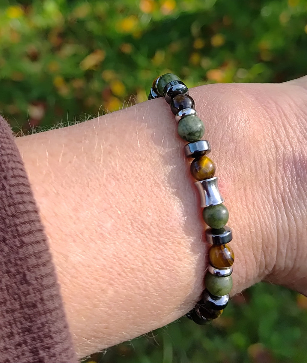 Grüne Jade, Tigerauge, Hämatit + Edelstahl, elastisches Armband mit Naturstein, 6 mm
