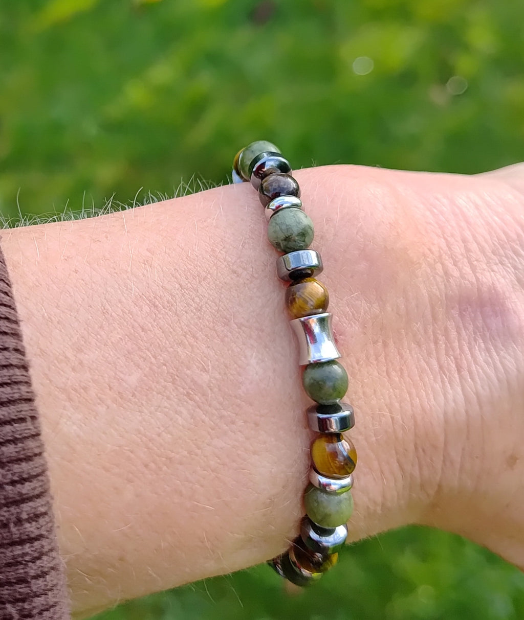 Grüne Jade, Tigerauge, Hämatit + Edelstahl, elastisches Armband mit Naturstein, 6 mm