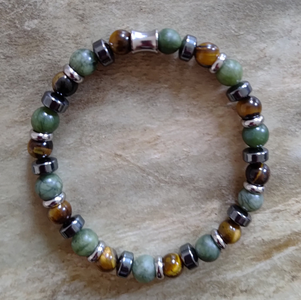 Grüne Jade, Tigerauge, Hämatit + Edelstahl, elastisches Armband mit Naturstein, 6 mm
