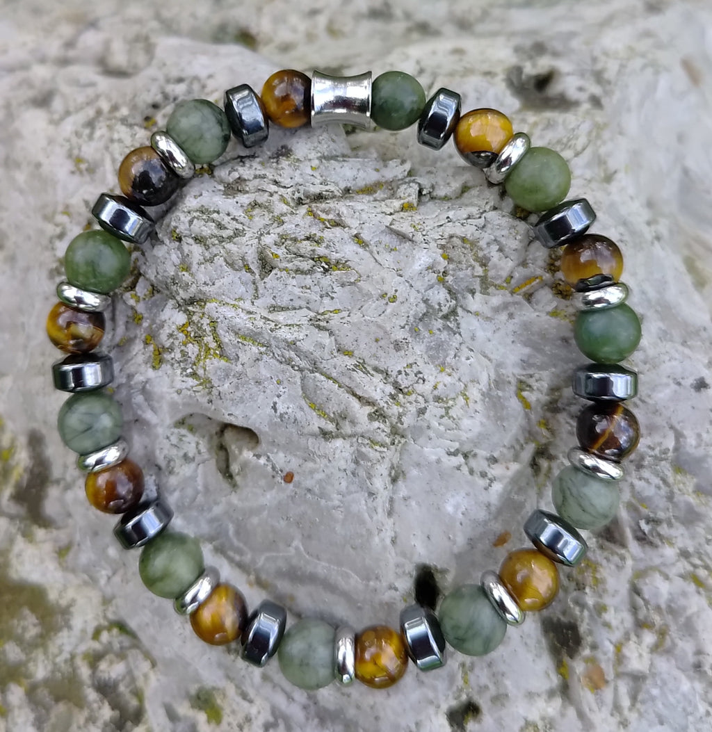 Grüne Jade, Tigerauge, Hämatit + Edelstahl, elastisches Armband mit Naturstein, 6 mm