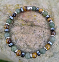 Grüne Jade, Tigerauge, Hämatit + Edelstahl, elastisches Armband mit Naturstein, 6 mm