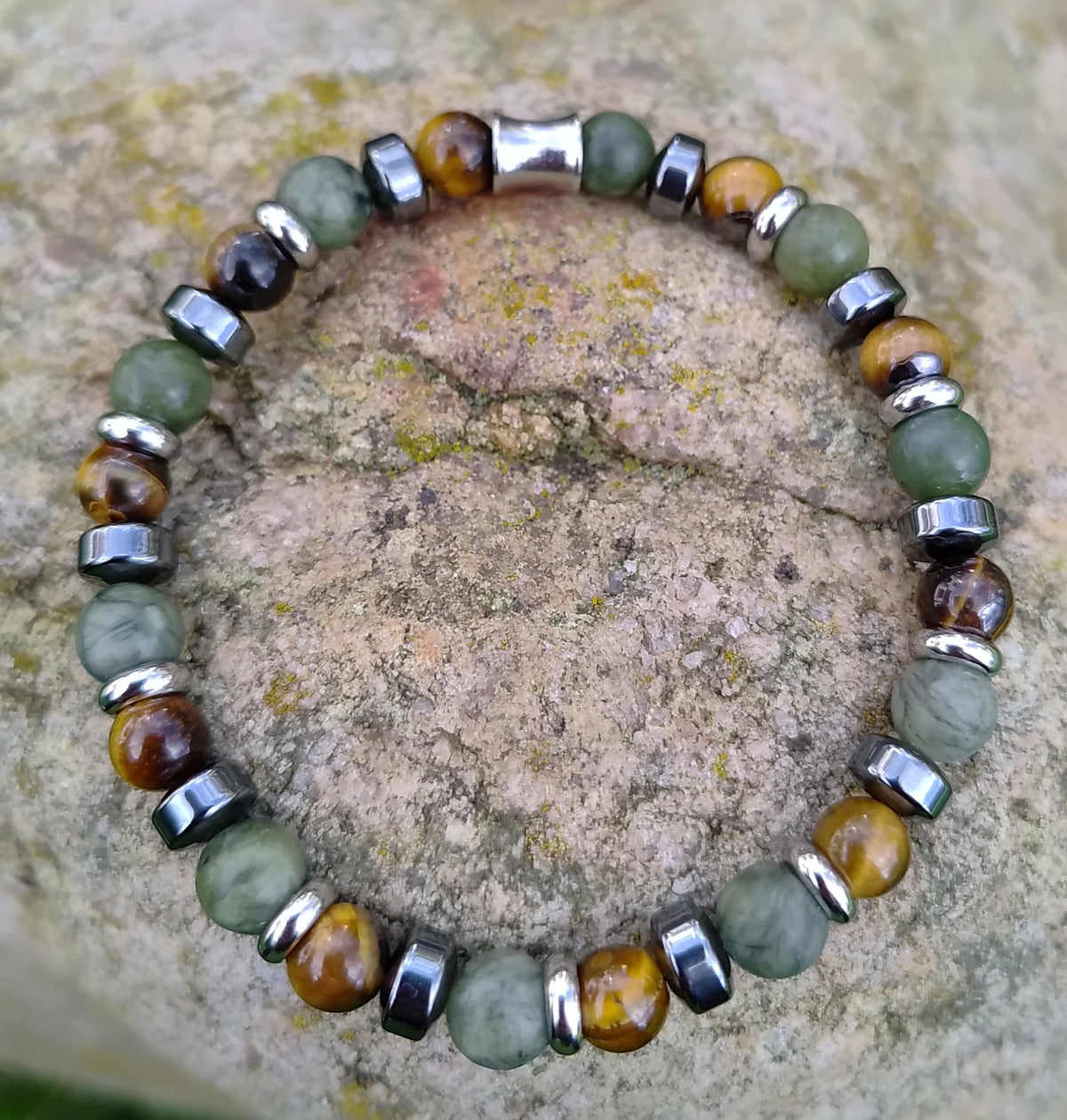 Grüne Jade, Tigerauge, Hämatit + Edelstahl, elastisches Armband mit Naturstein, 6 mm