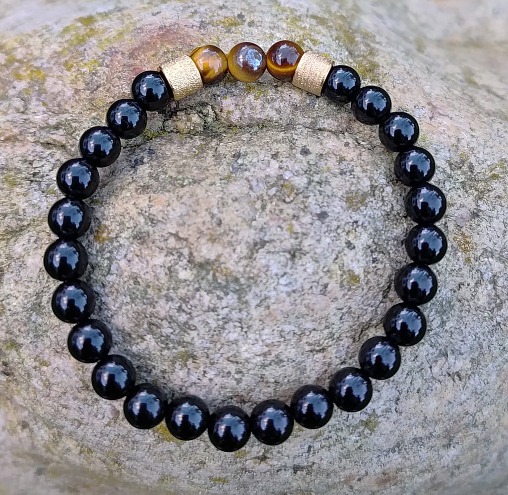 Onyx, Tigerauge + Edelstahl, elastisches Armband mit Naturstein, 6 mm
