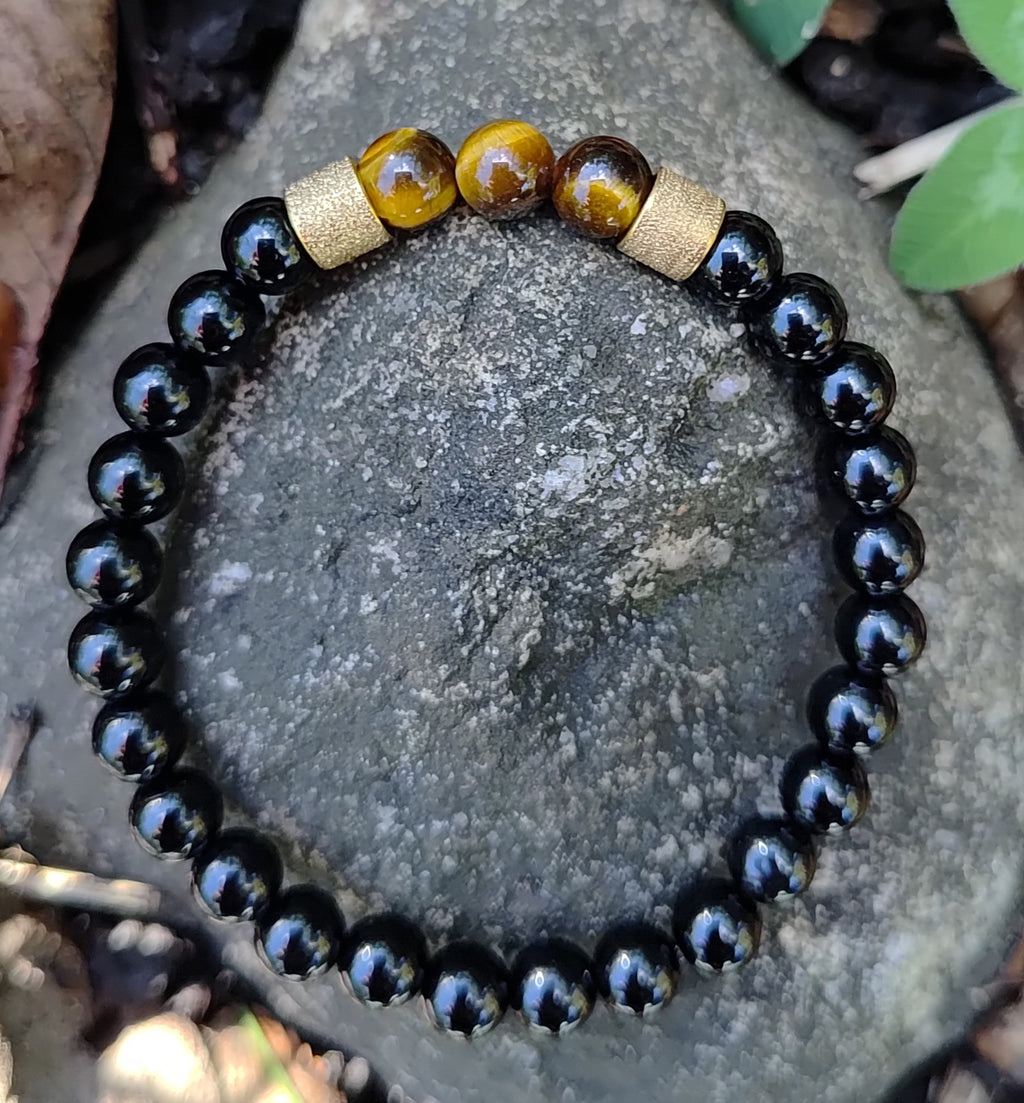 Onyx, Tigerauge + Edelstahl, elastisches Armband mit Naturstein, 6 mm
