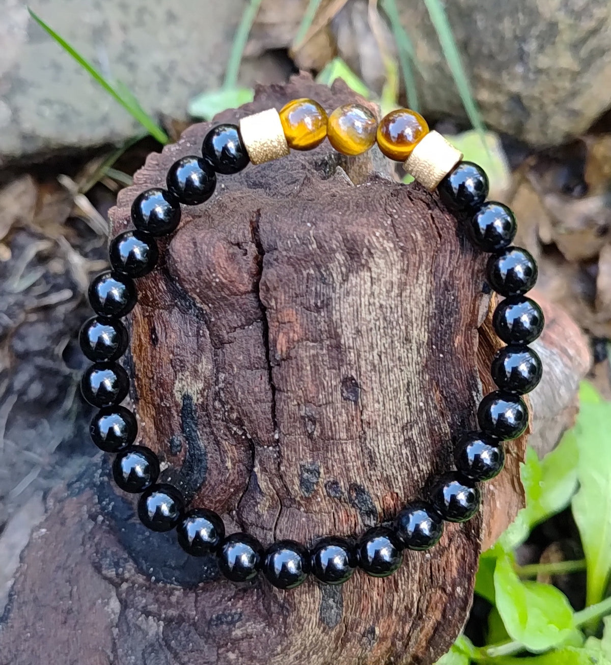 Onyx, Tigerauge + Edelstahl, elastisches Armband mit Naturstein, 6 mm