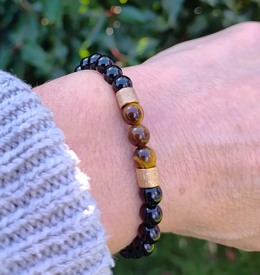 Onyx, Tigerauge + Edelstahl, elastisches Armband mit Naturstein, 6 mm