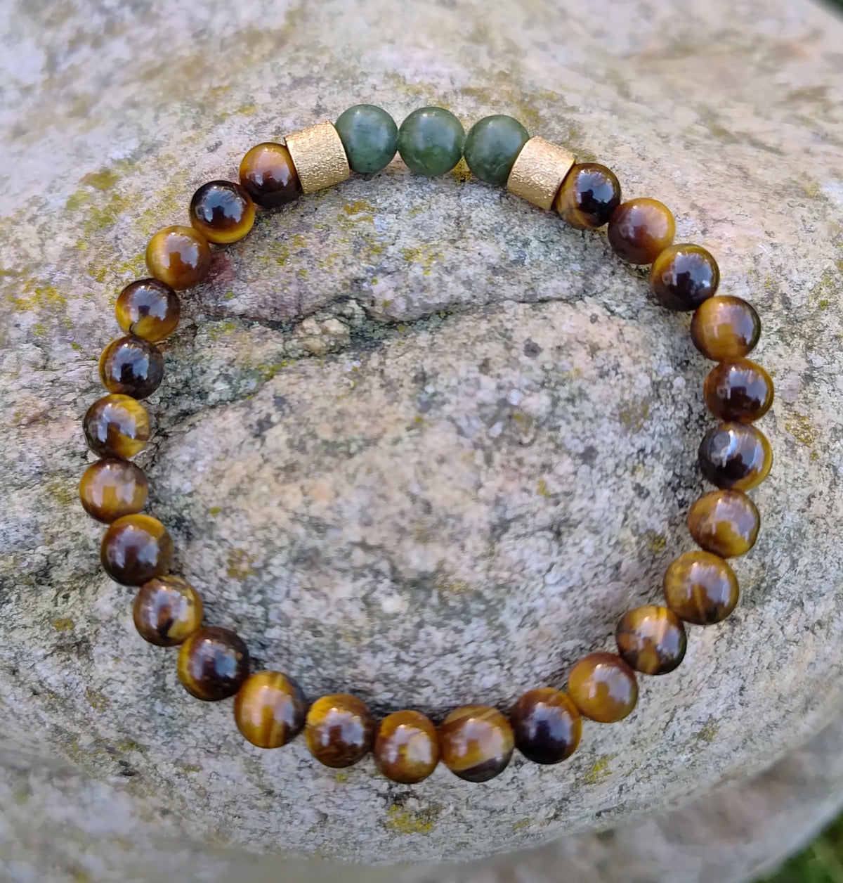 Tigerauge, grüne Jade + Edelstahl, elastisches Armband mit Naturstein, 6 mm