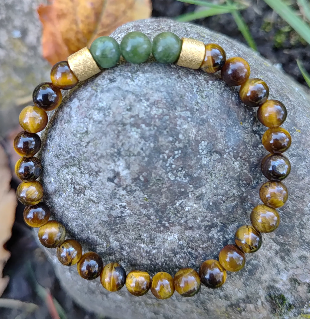 Tigerauge, grüne Jade + Edelstahl, elastisches Armband mit Naturstein, 6 mm