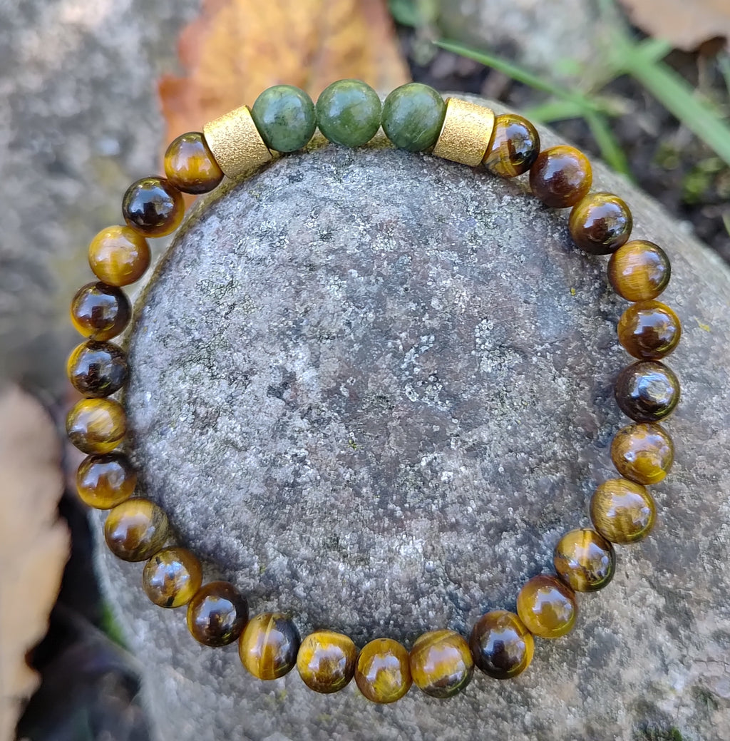 Tigerauge, grüne Jade + Edelstahl, elastisches Armband mit Naturstein, 6 mm