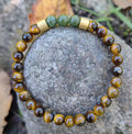 Tigerauge, grüne Jade + Edelstahl, elastisches Armband mit Naturstein, 6 mm