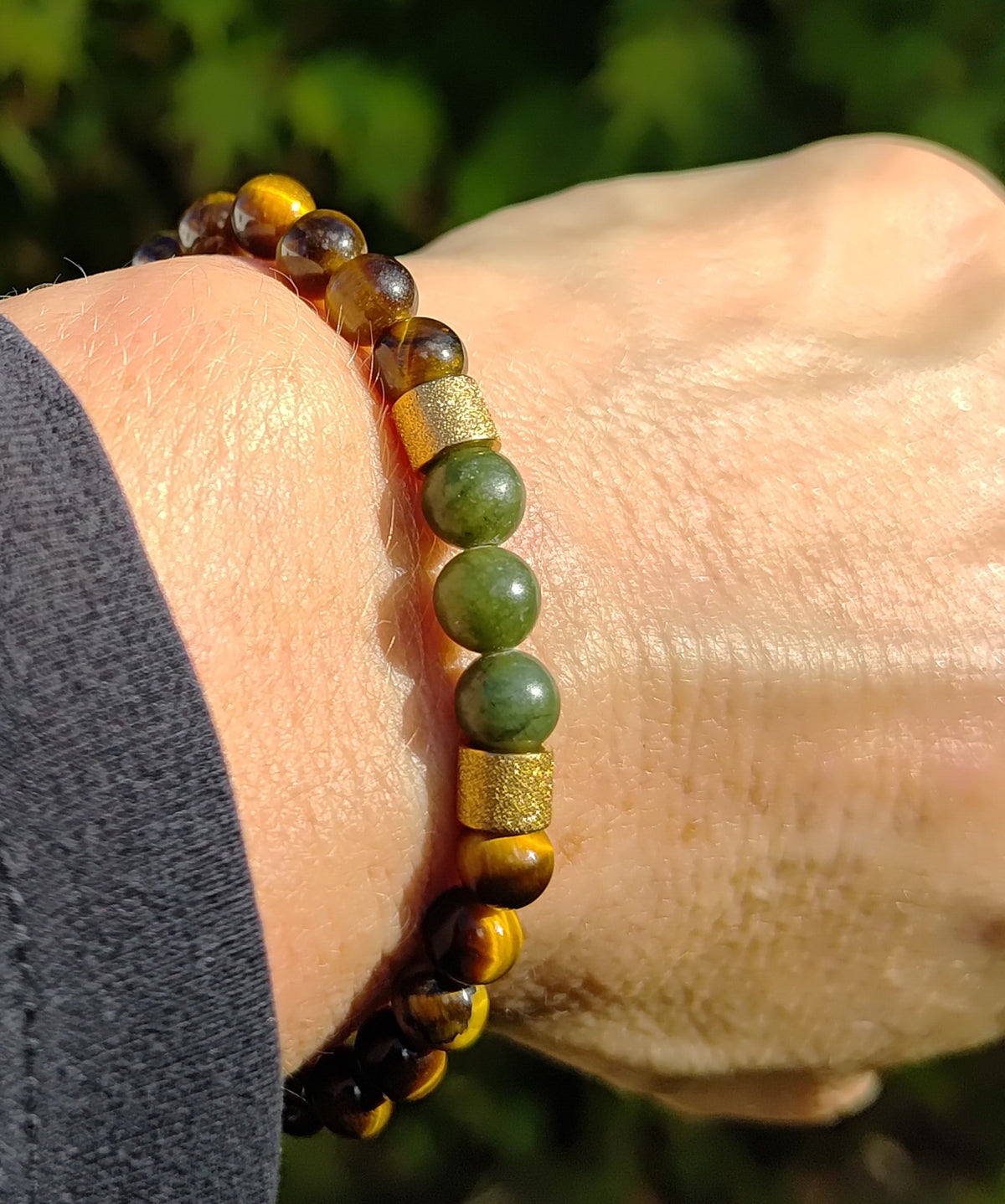 Tigerauge, grüne Jade + Edelstahl, elastisches Armband mit Naturstein, 6 mm