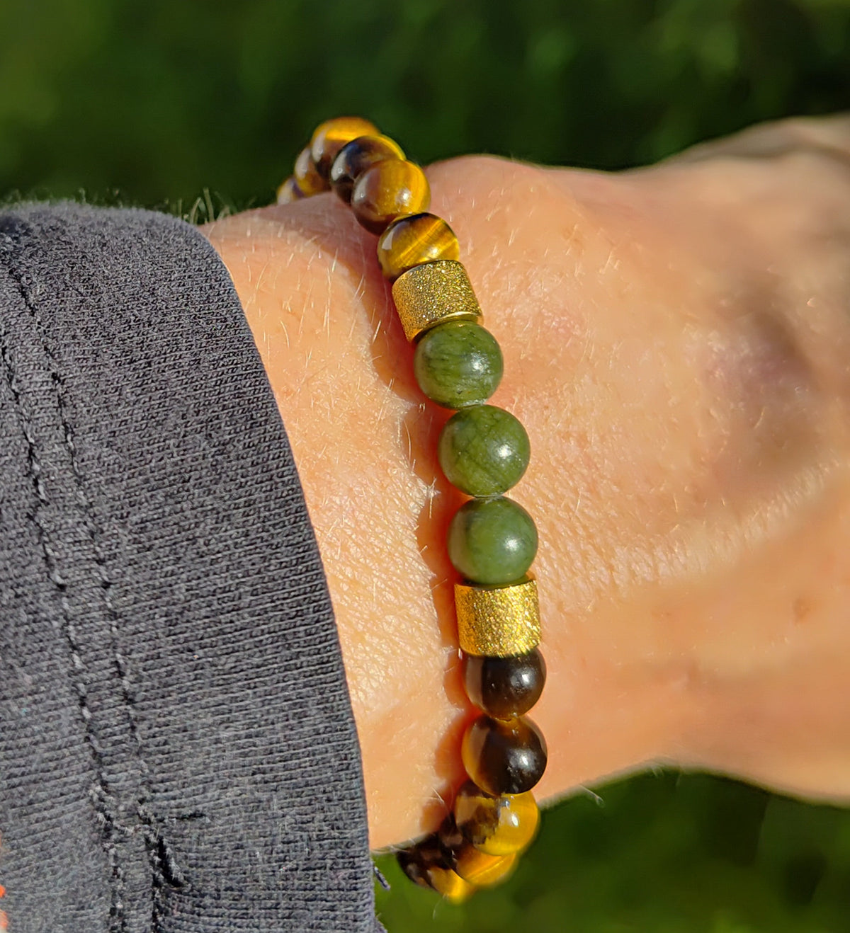 Tigerauge, grüne Jade + Edelstahl, elastisches Armband mit Naturstein, 6 mm
