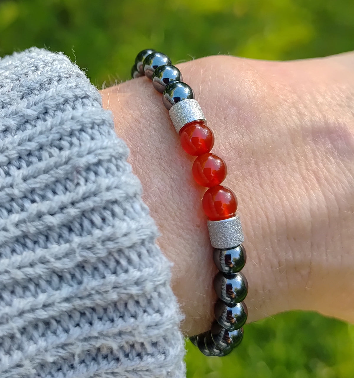 Hämatit, Karneol + Edelstahl, elastisches Armband mit Naturstein, 6 mm