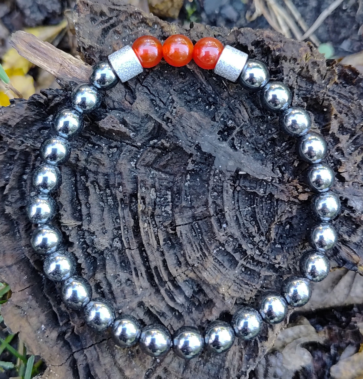 Hämatit, Karneol + Edelstahl, elastisches Armband mit Naturstein, 6 mm