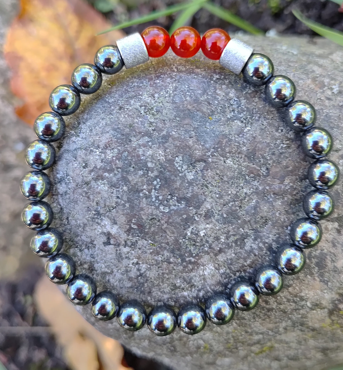 Hämatit, Karneol + Edelstahl, elastisches Armband mit Naturstein, 6 mm