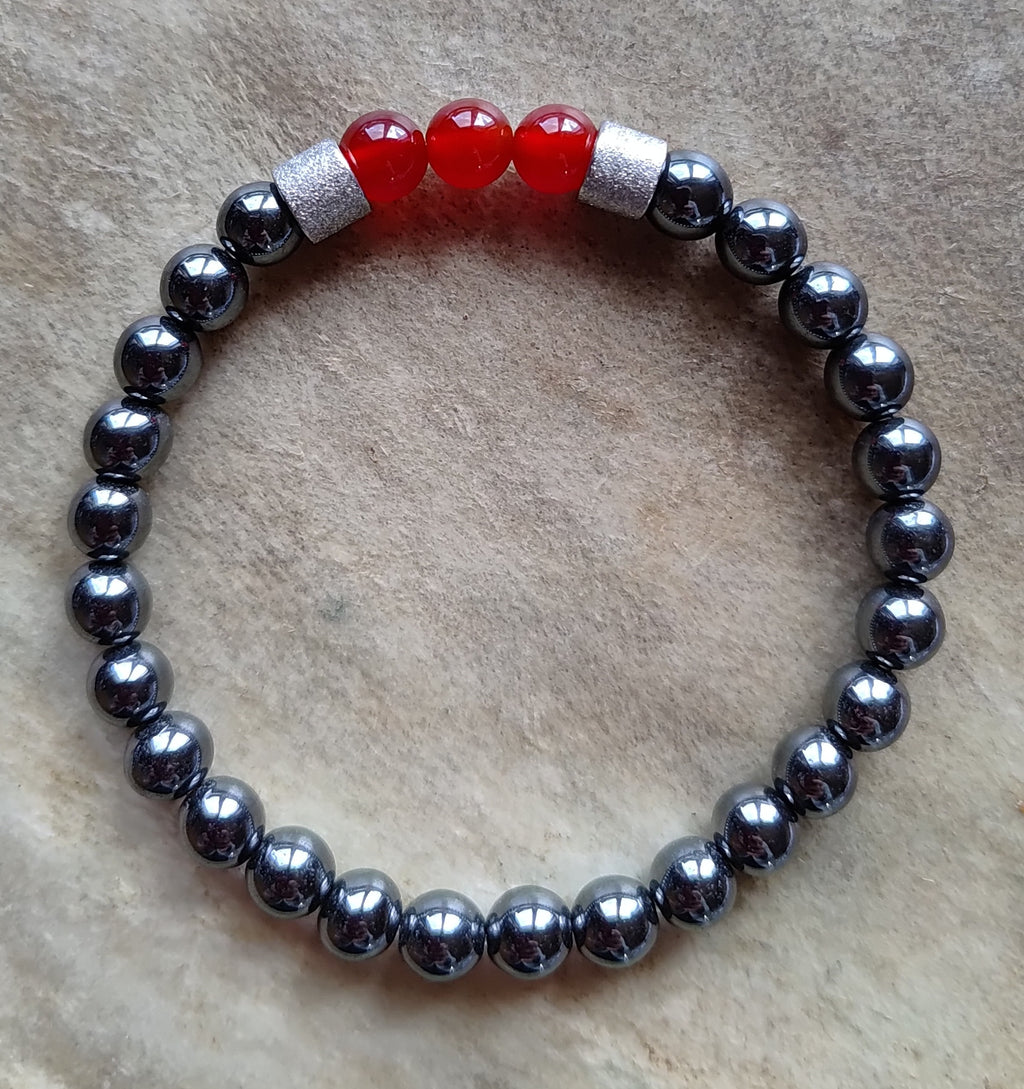 Hämatit, Karneol + Edelstahl, elastisches Armband mit Naturstein, 6 mm