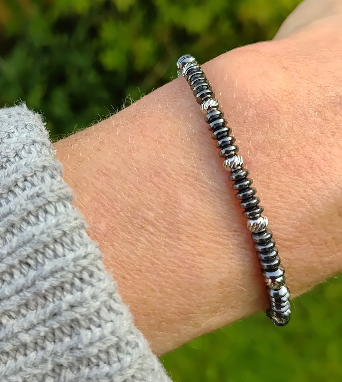 Hämatit + Edelstahl, elastisches Armband mit Naturstein, 4 mm