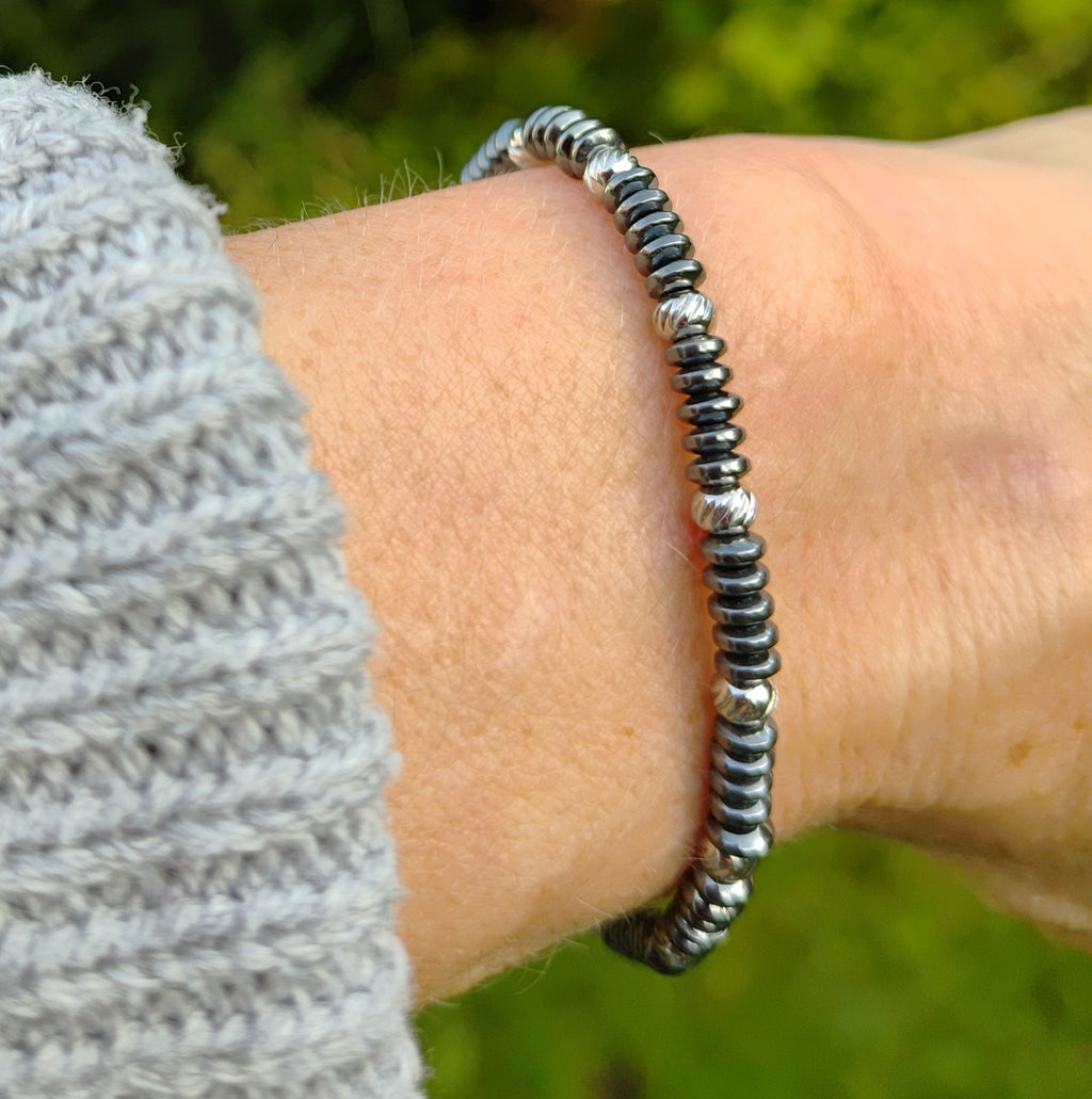 Hämatit + Edelstahl, elastisches Armband mit Naturstein, 4 mm