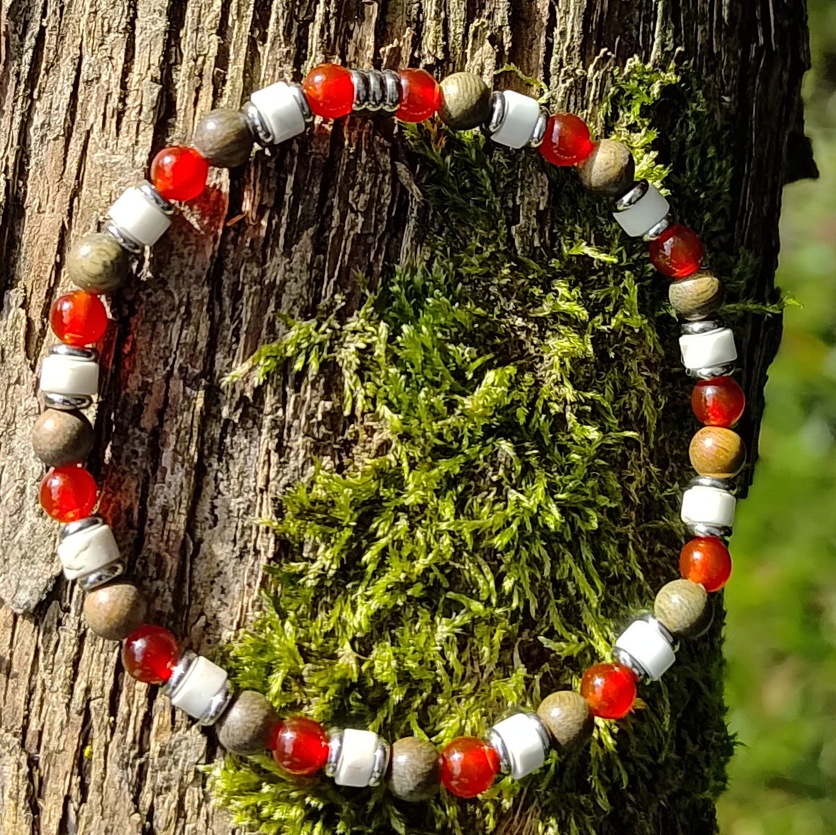 Karneol, Magnesit, Sandelholz + Edelstahl, elastisches Armband mit Naturstein, 4 mm