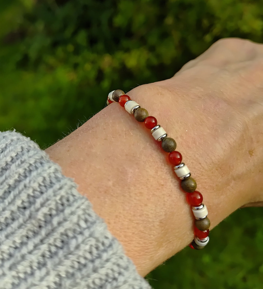 Karneol, Magnesit, Sandelholz + Edelstahl, elastisches Armband mit Naturstein, 4 mm