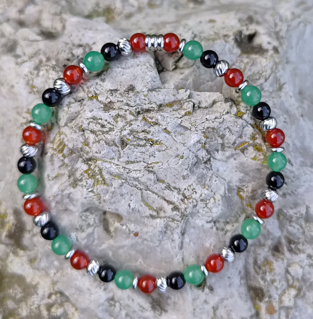 Karneol, Aventurin, Onyx + Edelstahl, elastisches Armband mit Naturstein, 4 mm