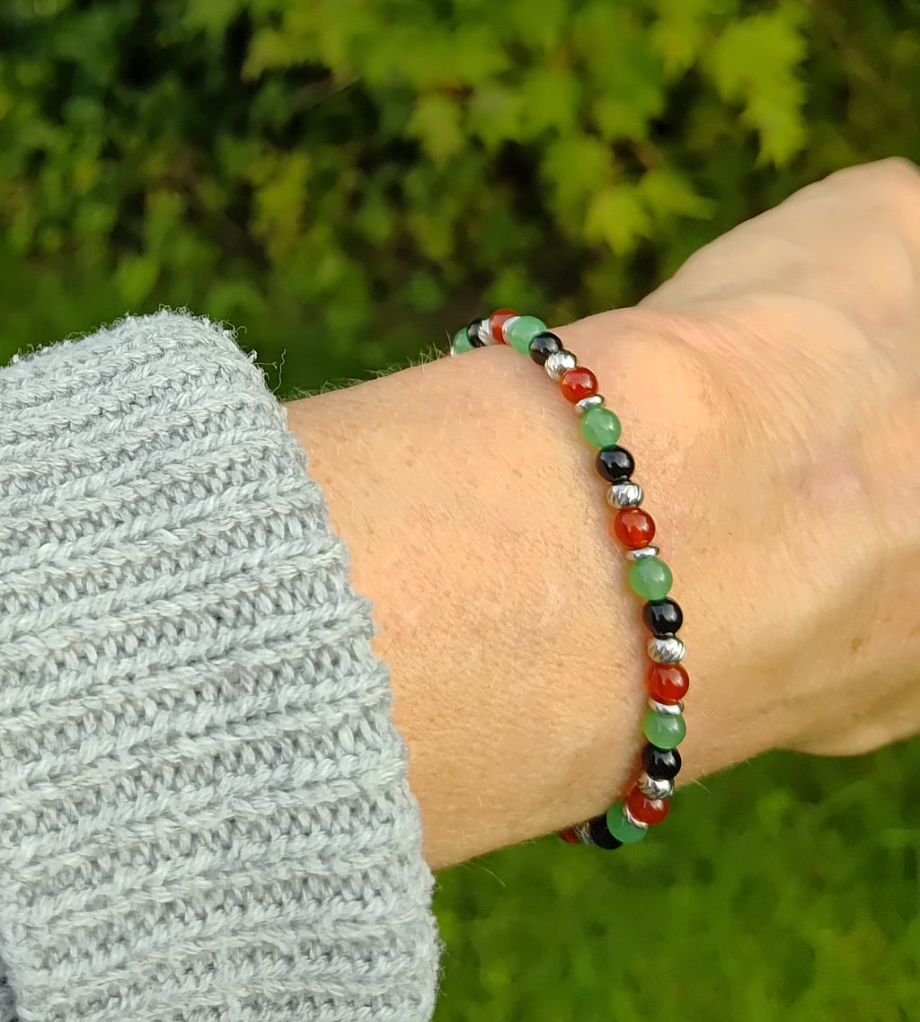 Karneol, Aventurin, Onyx + Edelstahl, elastisches Armband mit Naturstein, 4 mm