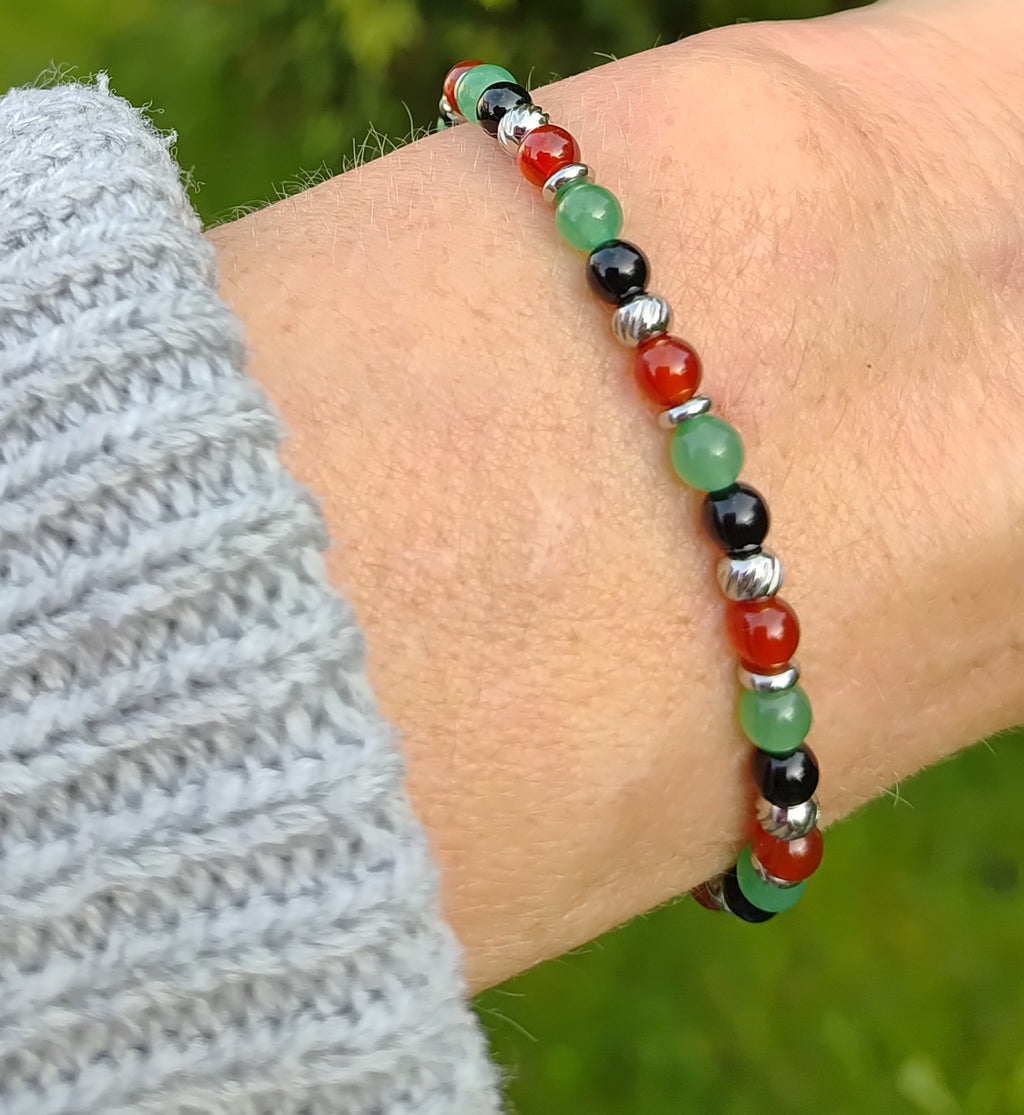 Karneol, Aventurin, Onyx + Edelstahl, elastisches Armband mit Naturstein, 4 mm