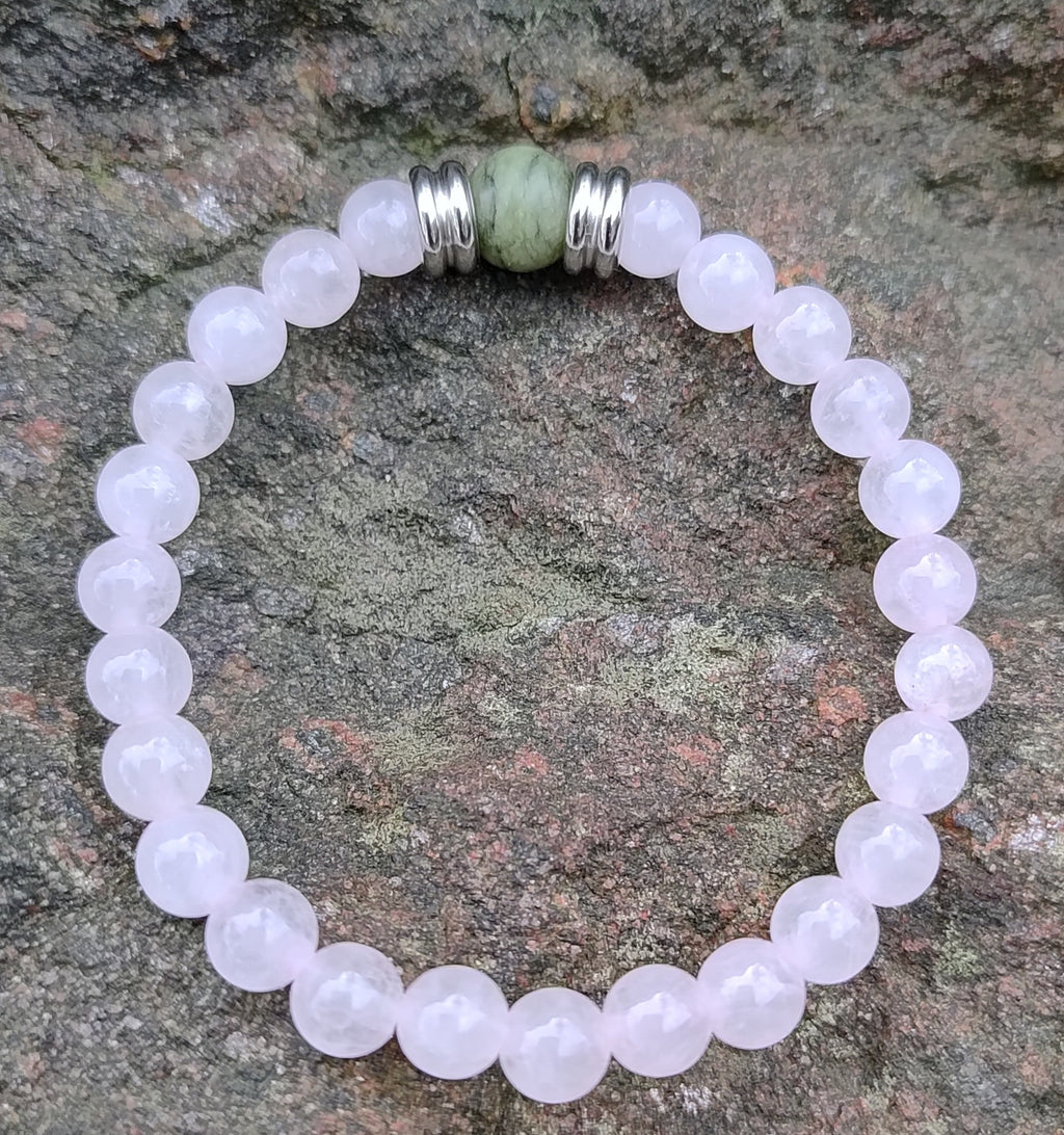 Rosenquarz, Jade + Edelstahl, elastisches Armband mit Naturstein, 6 mm