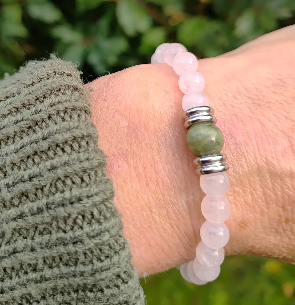 Rosenquarz, Jade + Edelstahl, elastisches Armband mit Naturstein, 6 mm