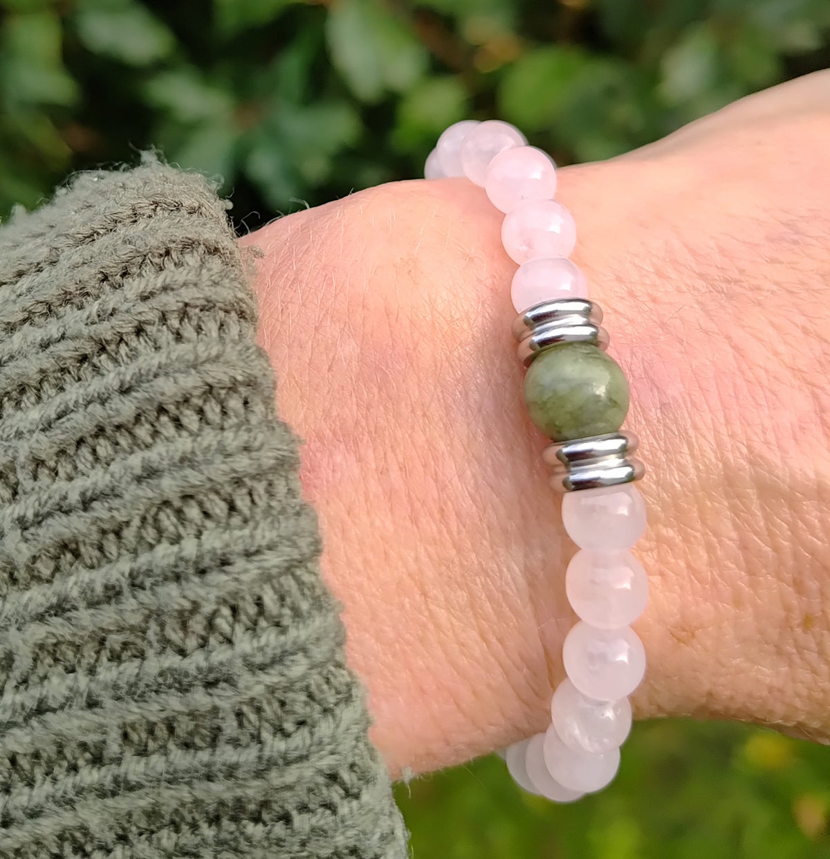 Rosenquarz, Jade + Edelstahl, elastisches Armband mit Naturstein, 6 mm