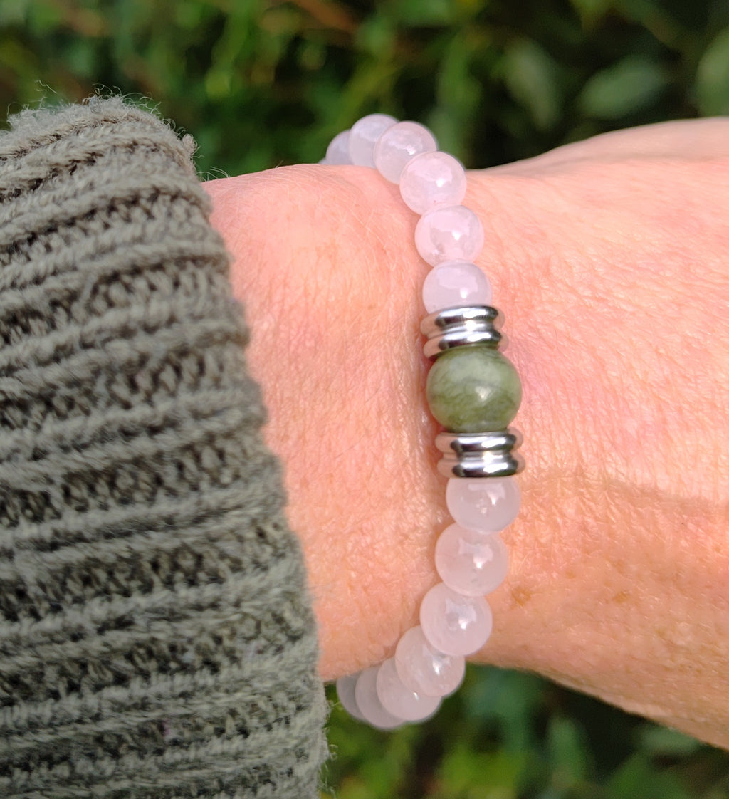 Rosenquarz, Jade + Edelstahl, elastisches Armband mit Naturstein, 6 mm