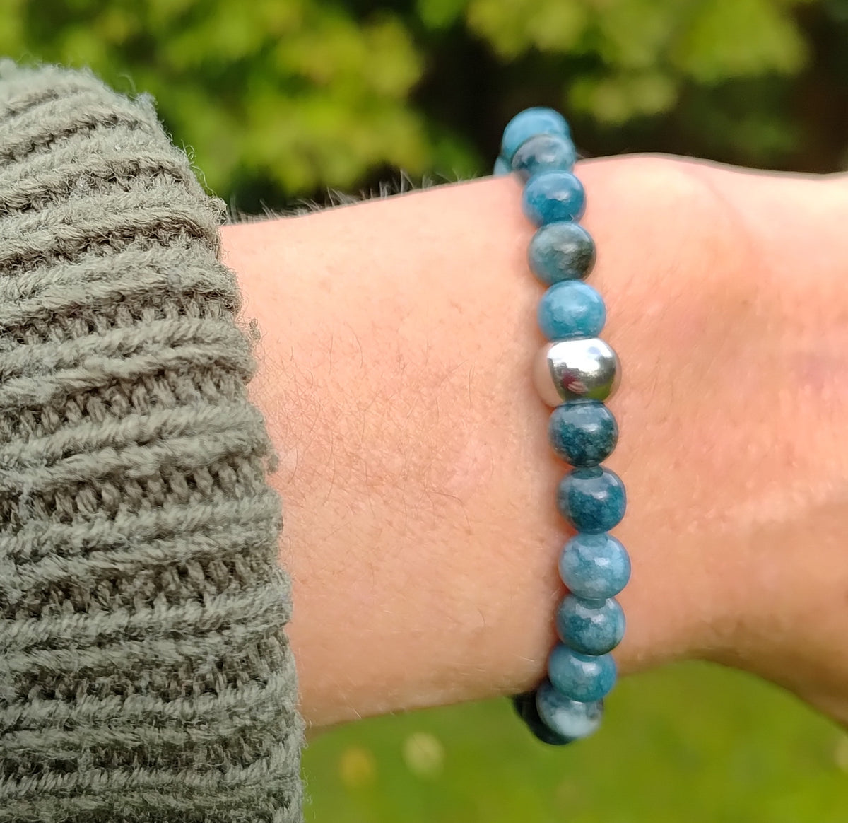 Apatit + Edelstahl, elastisches Armband mit Naturstein, 6 mm