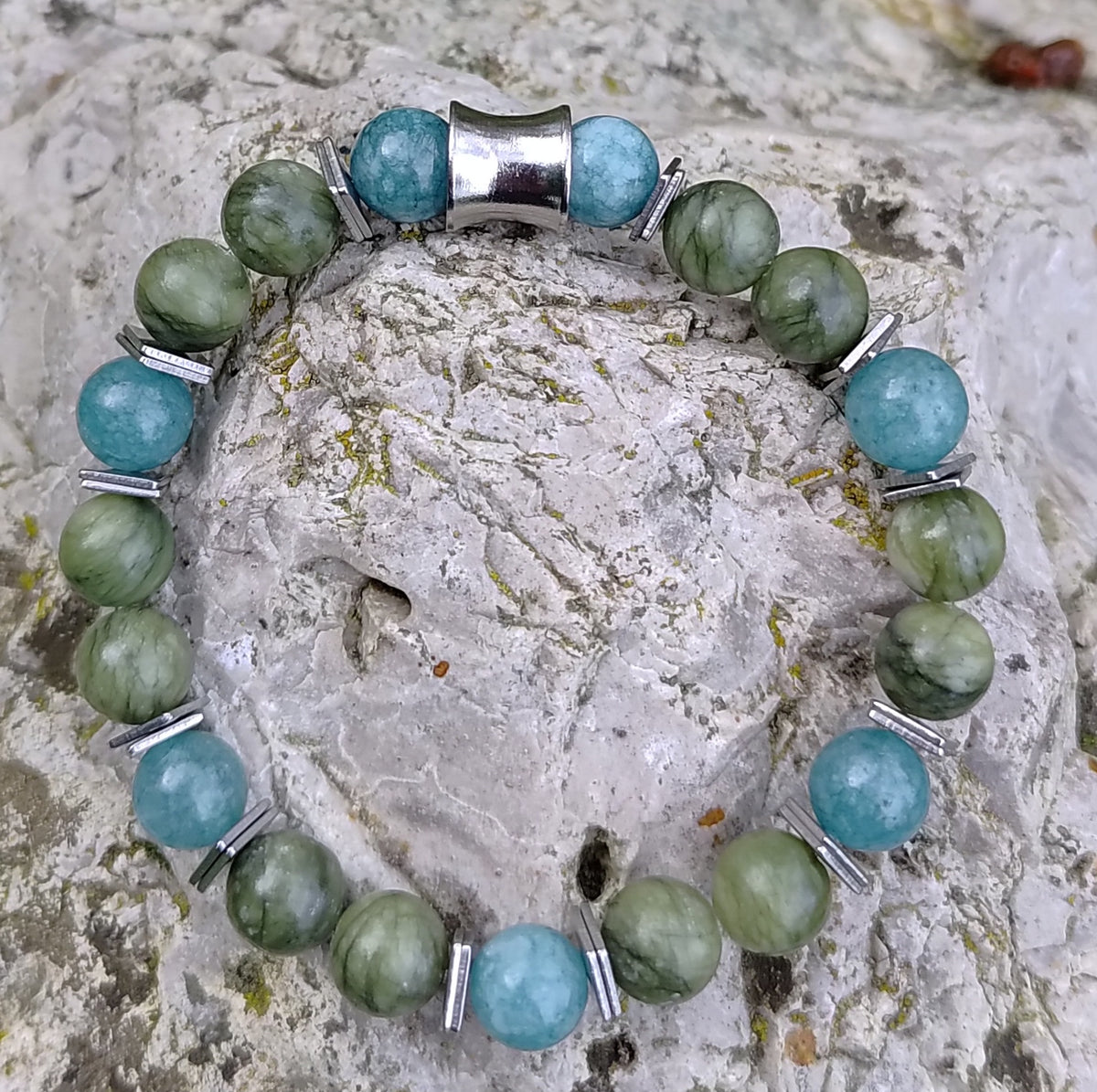 Jade, Aquamarin + Edelstahl, elastisches Armband mit Naturstein, 8 mm