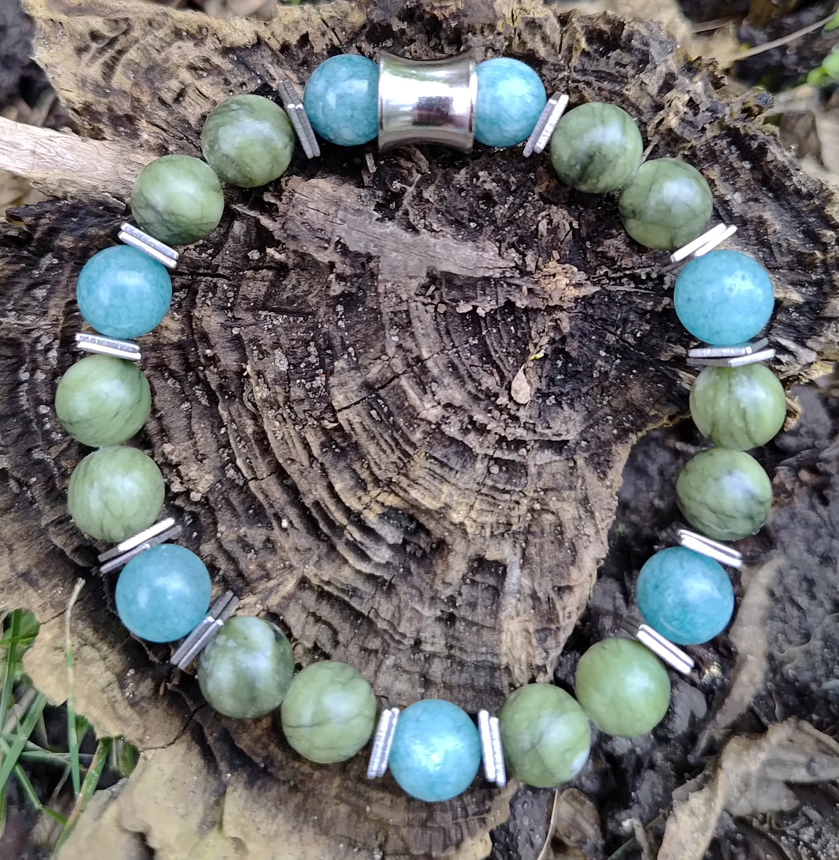 Jade, Aquamarin + Edelstahl, elastisches Armband mit Naturstein, 8 mm