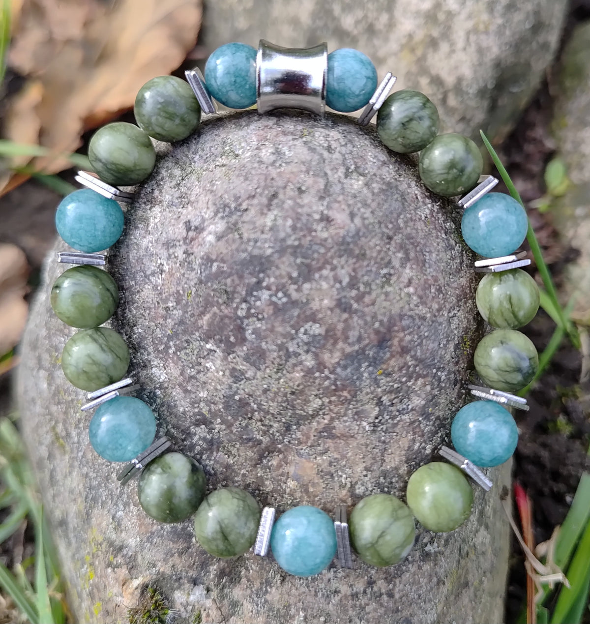 Jade, Aquamarin + Edelstahl, elastisches Armband mit Naturstein, 8 mm