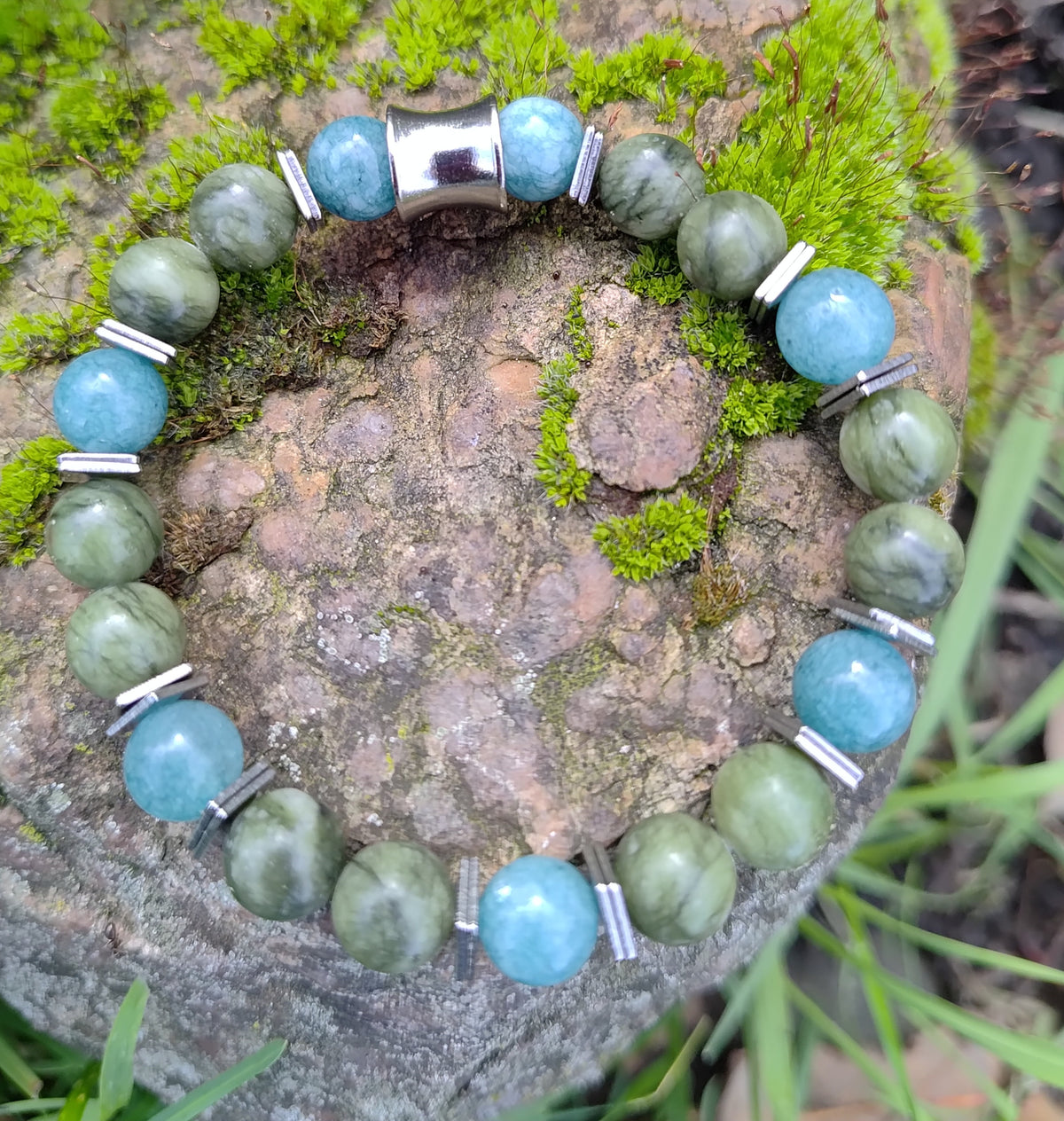 Jade, Aquamarin + Edelstahl, elastisches Armband mit Naturstein, 8 mm