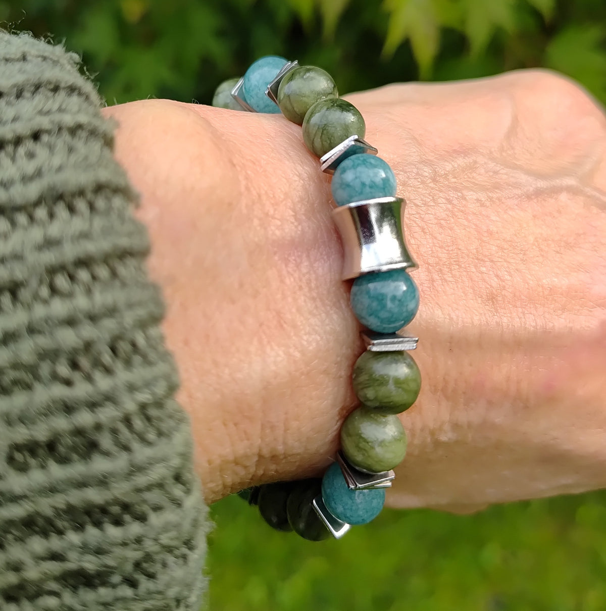 Jade, Aquamarin + Edelstahl, elastisches Armband mit Naturstein, 8 mm