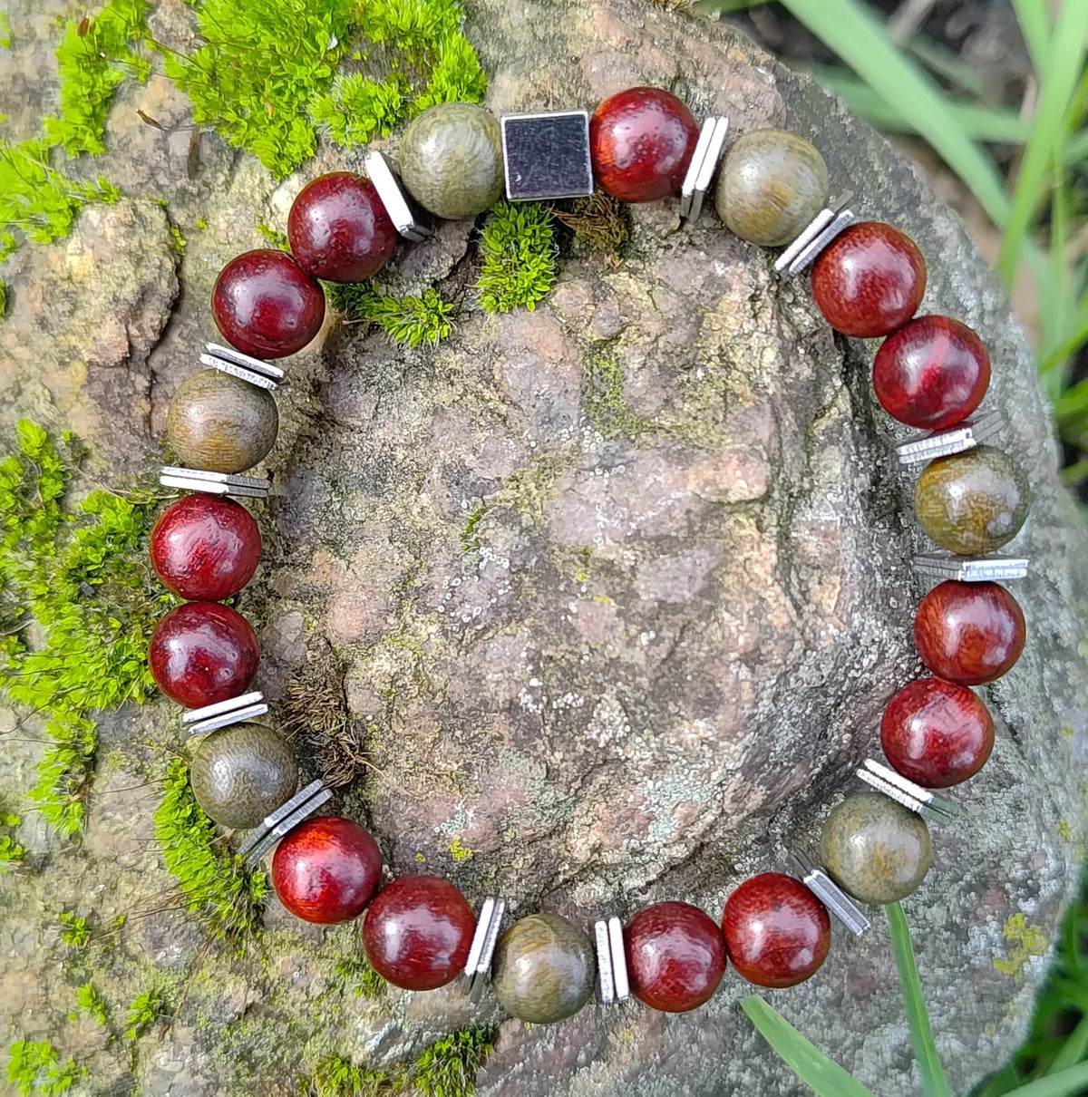 Sandelholz + Edelstahl, elastisches Armband, 8 mm